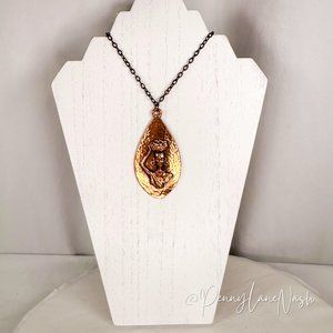 Vintage Teardrop Copper Plate w/ Woman Pendant Necklace